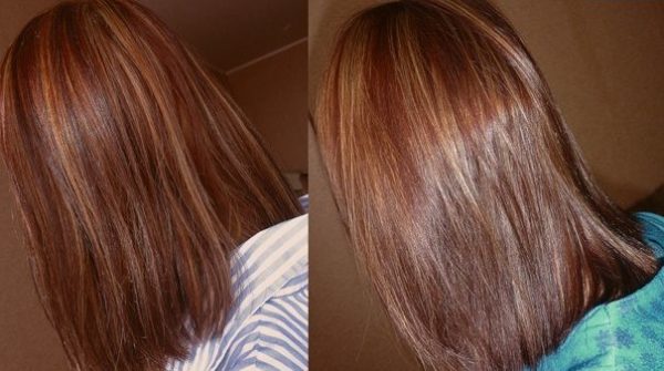 Волосы девушки до и после использования маски с маслом жожоба