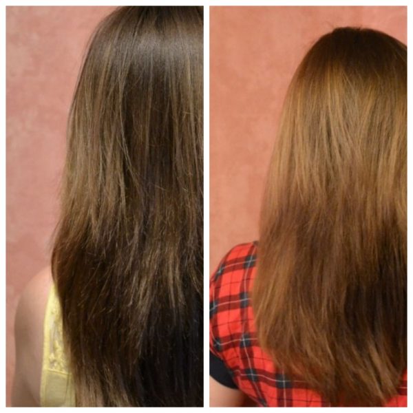 Волосы девушки до и после использования масла кокоса