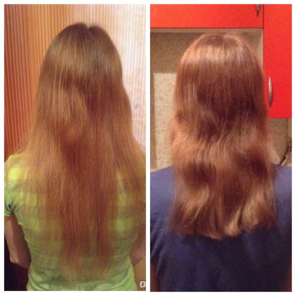 Волосы девушки до и после применения масла авокадо