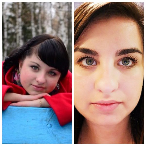 Девушка до и после использования репейного масла для бровей