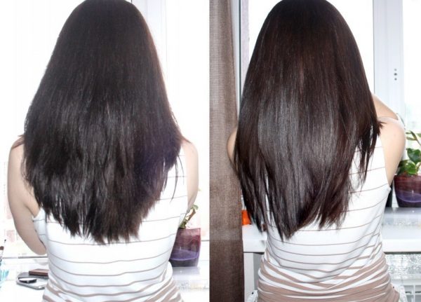 Волосы девушки до и после применения персикового масла