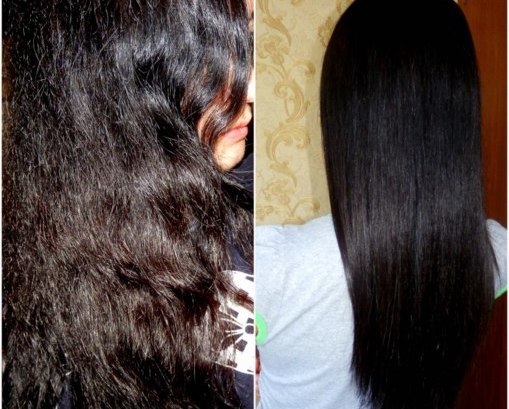 Волосы девушки до и после применения маски на основе желатина