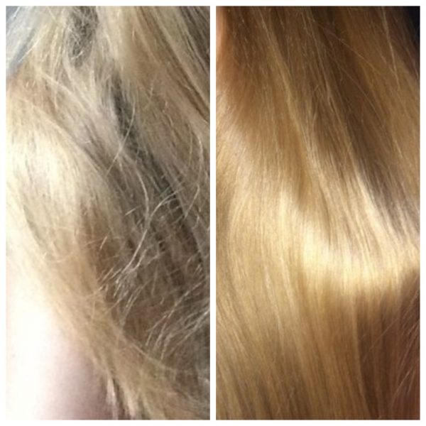 Волосы девушки до и после курса желатиновых масок