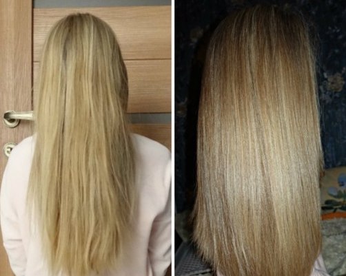 Волосы девушки до и после одной процедуры ламинирования желатином
