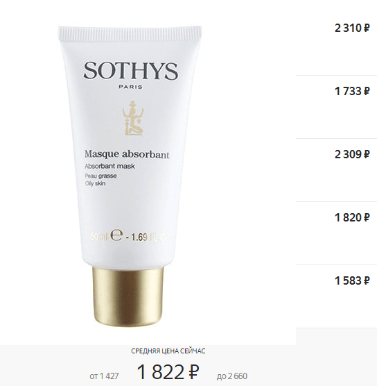 Абсорбирующая маска Sothys Paris Oily Skin и её стоимость по данным Яндекс.Маркета